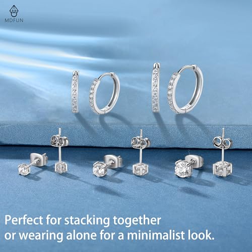 White Gold Earrings for Women Men Hoop and Stud Earring Set | Hypoallergenic 14K White Gold Plated Hoops Huggie Stud Earrings Set Round Cubic Zirconia Ear Jewelry - style: A1-White Gold-Hoop&Round Stud (5 Pairs)