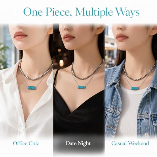 Layered Western Necklace for Women Silver Beaded Choker with Turquoise Bar Pendant Boho Country Jewelry Pearl Necklaces an Ideal Present for Her