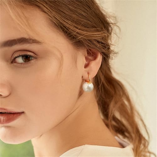 HUGE TOMATO Elegant 925 Sterling Silver Pearl Drop Earrings for Women, 14K Gold Plated Dangle Stud Earrings, Hypoallergenic Large Pearl Hoop Earring dangling 12mm - color: White Pearl Gold Hoop