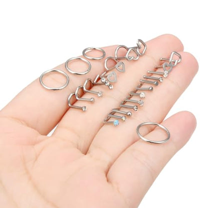 Hoeudjo Hinged Nose Rings Hoop Surgical Steel Cubic Zirconia Nose Studs Kit for Women Men Tiny Nose Stud Screw & Bone & L Shaped Nostril Rings Piercing Jewelry 20-18 Gauge 24 Pieces - color: 18g