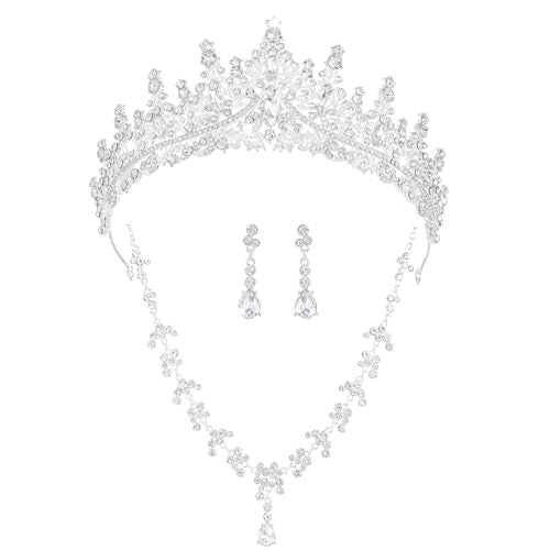 Crystal Crown and Tiara Jewelry Set for Women Bride with Necklace Earrings | Metal Rhinestone Royal Queen Princess Jewelry Set Wedding Quinceanera Pageant Prom Birthday Halloween Party Costume Gift - color: Style E-Silver