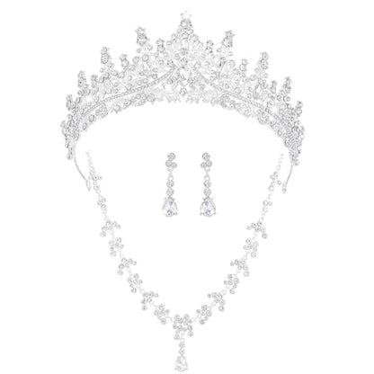 Crystal Crown and Tiara Jewelry Set for Women Bride with Necklace Earrings | Metal Rhinestone Royal Queen Princess Jewelry Set Wedding Quinceanera Pageant Prom Birthday Halloween Party Costume Gift - color: Style E-Silver