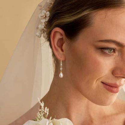 Plenky Pearl Earrings-14K Gold Plated Dainty Pearl Drop Simple Wedding CZ Dangle Dangling Cute Stud Earrings for Brides Earrings for Women Gifts - style: G-CZ Hook Pearl Earrings