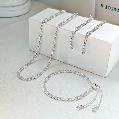 Luxval Tennis Necklace Set for Women Tennis Bracelets Diamond Earrings Sterling Silver Necklace Wedding Jewelry for Bride Silver Jewelry Sets for Women Gift - color: Silver-Linear tennis set