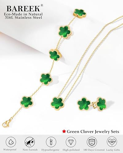 Clover Jewelry Set 3 PC - 18K Gold Plated Stainless Steel Y Necklace Four Leaf Pendant, Clover Link Bracelet Charm, Flower Earrings, Hypoallergenic Non-Tarnish,Simple Luxury Lucky Gifts for Women - color: Green