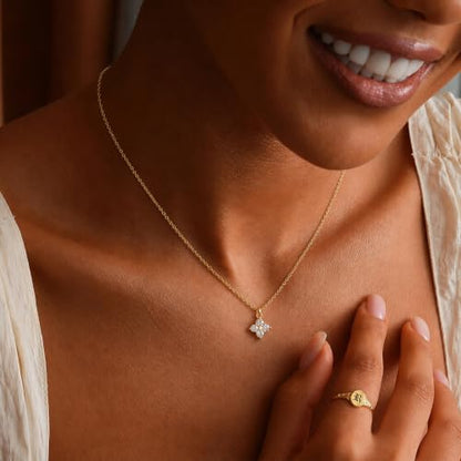 Gold Necklace for Women, Dainty 14K Gold Plated Pendant Necklaces for Women Trendy Simple Choker Chain Cubic Zirconia Circle/Interlocking/Sun/Pearl Necklace Fashion Jewelry Charm Gifts - color: Four-Leaf Clover-Cable