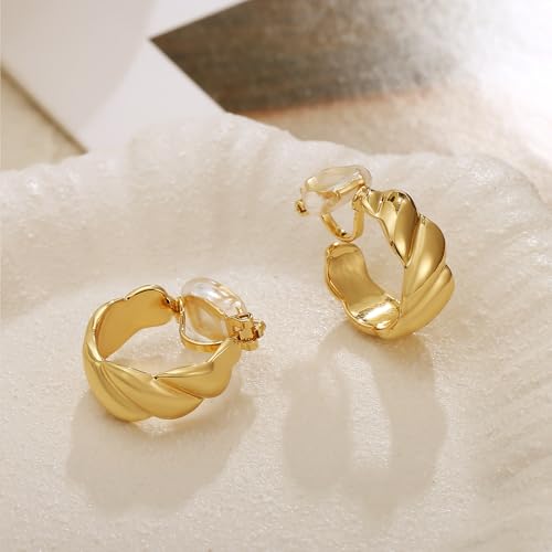 Chunky Gold Clip On Earrings for Women Twisted Hoop Earrings Hypoallergenic Non Pierced Ears Hoops Jewelry