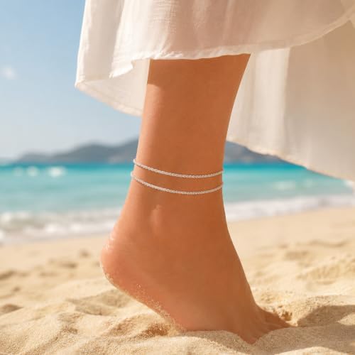 phnydreg 1 Pc Silver Plated Ankle Bracelet with Extension for Women | Double Layered Ankle Bracelet,Foot jewelry