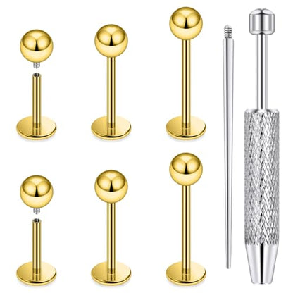 Internally Threaded Labret Studs 18G 16G 14G Surgical Steel Lip Piercing Jewelry with Claw Tool Monroe Snake Bite Jewelry Flat Back Barbell for Women Men Plus Piercing Ball Grabber Tool - color: goldtone, size: 16g,ball end