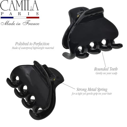 Camila Paris CP3659 French Hair Clip for Women, Small 2 inches Girls Hair Claw Clips Jaw Fashion Durable and Styling Hair Accessories for Women, Strong Hold No Slip Grip, Made in France - color: Black 2"