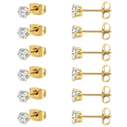 MDFUN 6 Pairs Stud Earrings Sets 3-8MM 18K Gold Plated Round 5A+ Cubic Zirconia Earrings Hypoallergenic CZ 6 Prong Ears Jewelry for Women - color: 5MM-Yellow Gold