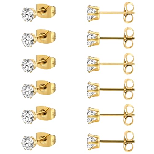 MDFUN 6 Pairs Stud Earrings Sets 3-8MM 18K Gold Plated Round 5A+ Cubic Zirconia Earrings Hypoallergenic CZ 6 Prong Ears Jewelry for Women - color: 5MM-Yellow Gold
