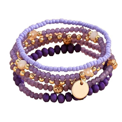 Bohemian Handmade Crystal Seed Beads Disc Pendant Colorful Multilayered Elastic Bracelets Stackable Stretch Strand Bangles Friendship Summer Beach Jewelry for Women - color: purple
