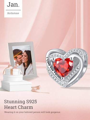 Heart Birthstone Charms for Bracelets, 925 Sterling Silver Women Bead Charms for Charm Bracelets Necklace, Mother's Day Birthday Anniversary Jewelry Gifts for Wife Mom Grandma Daughter - style: Bead - Jan - Garnet