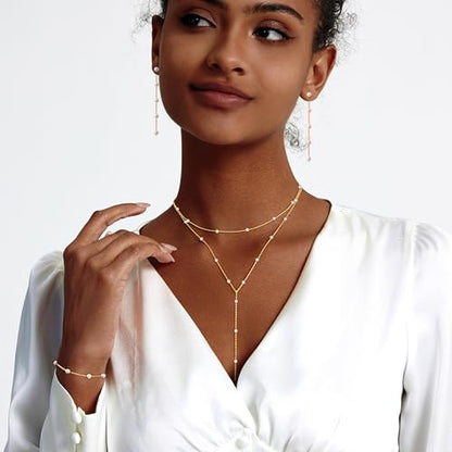 Zeffy Gold Pearl Necklace for Women, Dainty 14K Gold/Silve Plated Layered Pearl Choker Pearl Earrings Pearl Bracelets Wedding Trendy Gold Jewelry Set for Women Gifts - style: Gold Pearl Y Necklace&Drop Earrings&Bracelet-3PCS