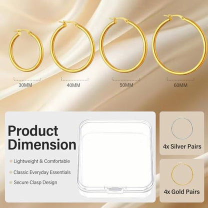 4 Pairs Silver Gold Hoop Earrings for Women,30/40/50/60 mm Stainless Steel 14K Silver Gold Plated Loop Earrings for Women Hypoallergenic Fashionable Lightweight Big Women Earrings Loop Earrings Set - color: Silver+Gold-30/40/50/60mm