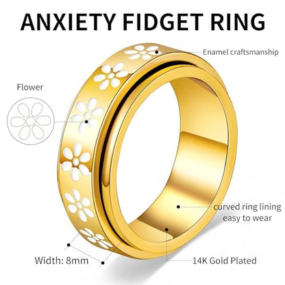 Fidget Anxiety Rings for Women 14K Gold Silver Plated Spinner Band Ring 8mm Thick Stainless Steel Statement Rings Jewelry Gifts Size 6-10 - color: Gold-Flower