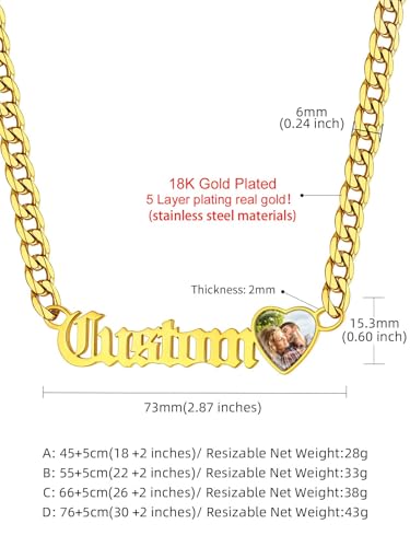 GoldChic JEWELRY Name Necklace Personalized for Men, Womens Custom Name Plate Chain, Stainless Steel Customized Old English Nameplate Choker with Curb Chains Custom, 16 inches to 30 inches - color: Photo & Cuban Chain 6 mm -Gold