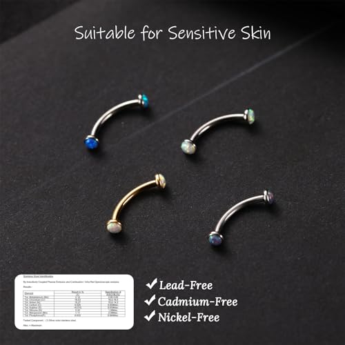 G23 Titanium Eyebrow Piercing Jewelry Eyebrow Rings Curved Barbell 16G Eyebrow Belly Button Ring Navel Rings Rook Daith Earrings Lip Ring Eyebrow Jewelry 6mm-12mm - color: 2PCS,Ball Shape White Opal+Disc Shape White Opal,Gold