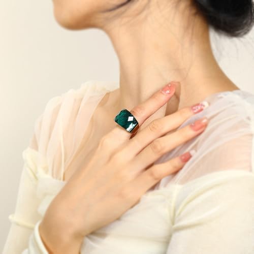 Crystal Glass Stainless Steel Band Ring Gold-Tone Plated Fashion Exaggerated Cubic Zirconia Rings Women's Stunning Large Statement Rhinestone Bands Cocktail Party Ring for Ladies Birthday - color: Blackish Green, size: 6