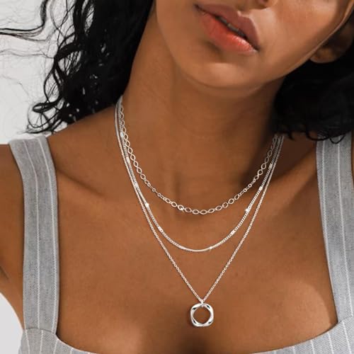 Cuzmly Layered Silver Necklaces for Women, Sterling Silver Stackable Stack Choker Necklaces for Women Trendy Layering Circle Pendant Chain Necklace Set Jewelry for Women - style: Circle