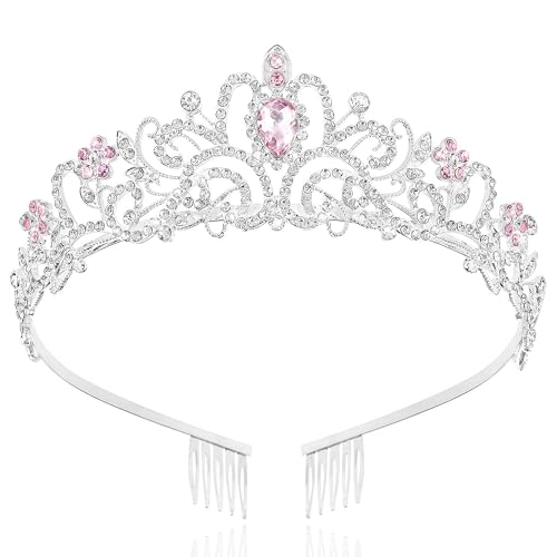 TAROSE Tiaras for Women, Birthday Crown and Sash for Girls | Birthday Sash Sunglasses Outfit, Birthday Gift for Women Girls, Goddess Crown Bride/Halloween/Prom/Party/Costume - color: 1 H. Silver+single Pink