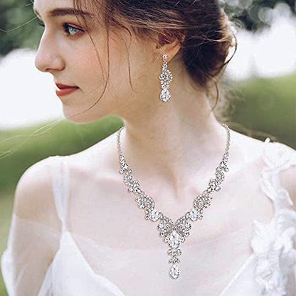 EVER FAITH Rhinestone Crystal Bridal Floral Wave Teardrop Necklace Earrings Set - color: 2pcs_Clear