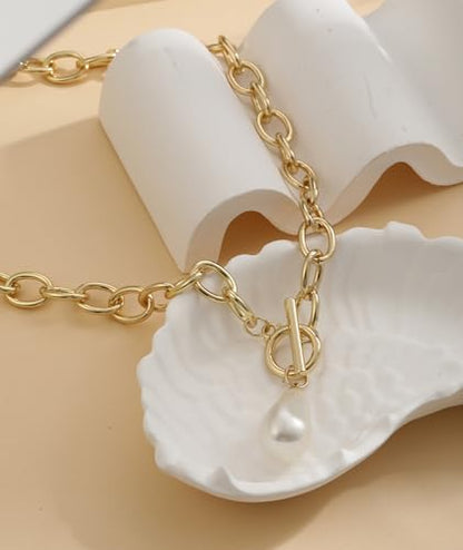 Chunky Gold Necklace for Women Trendy Non Tarnish 14K Gold Plated Paperclip Chain Charm Necklaces Chunky Heart Cross Clover Pearl Pendant Necklace with Toggle Clasp Statement Jewelry Gift for Women - color: B-Pearl