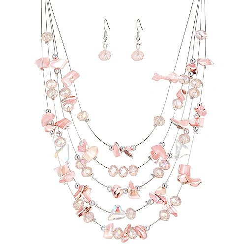 Multi-Layer Boho Shell Beaded Necklace for Women Colorful Crystal Strand with Silver Beads Statement Collars Necklace and Earrings Costumes Jewelry Sets for Women - color: 45-Pink