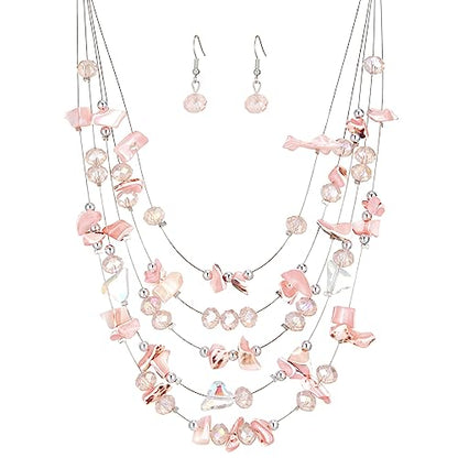 Multi-Layer Boho Shell Beaded Necklace for Women Colorful Crystal Strand with Silver Beads Statement Collars Necklace and Earrings Costumes Jewelry Sets for Women - color: 45-Pink