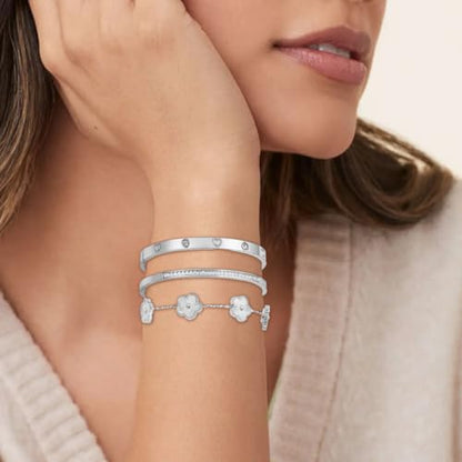 Gold Bangle Bracelets for Women -2PCS Friendship & Love Bangle Bracelet Clover Nail Bracelet Stack Set Trendy Non-Tarnish Stainless Steel Jewelry Gifts for Mom Wife Her - color: Silver 3pcs