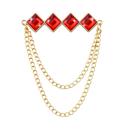 Gem Brooch Pins Hanging Chain Lapel Pin for Men Suits Metal Tassel Chain Collar Pins Suit Brooch Vintage Crystal Rhinestone Brooches for Men Wedding Business Prom Party - color: Red