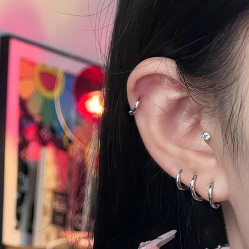 3 Pairs Huggie Hoop Earrings,Cartilage Hoop Earring Cubic Zirconia Cuff Surgical Stainless Steel Earrings - color: Silver Hoop