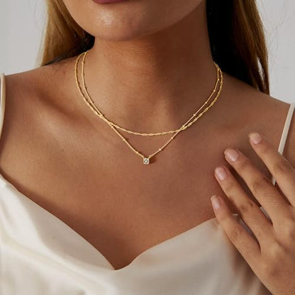 Yoosteel Layered 14K-Gold-Plated Necklace for Women,CZ Necklaces Stack | Dainty Cubic Zirconia Pendant Necklace,Simple Chain Choker Stackable,Trendy Jewelry,Wedding Bridesmaid Gifts - color: Layered Small CZ