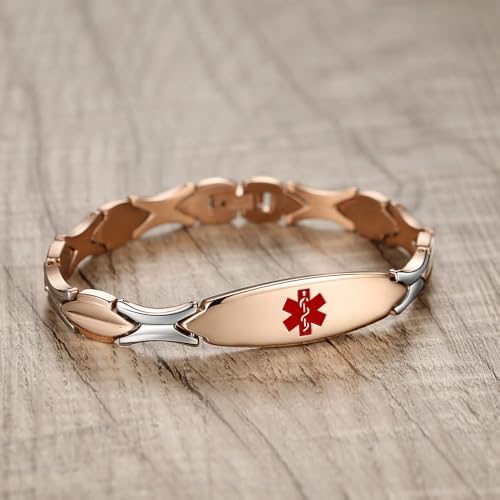 LinnaLove Fashion Shiny medical alert bracelet with Free Engraving Stainless steel Medical id bracelet for Women - color: ROSE GOLD