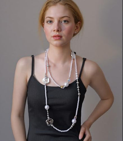 Errally Long Pearl Necklace and Earring Set Layered Pearl Beaded Necklaces for Women White Costume Jewelry Sets Gifts for Mom - color: Silver Piece