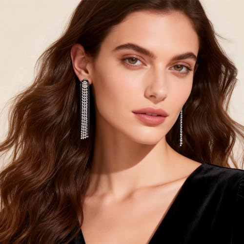Fringe Dangling Tassel Earrings for Women, Handcrafted Chandelier Long Bohemian Beaded Cubic Zirconia Crystal Imitation Pearls Inlay Statement Boho Chain Hook Earrings for Wedding Party - color: Gold Black Clear Crystal
