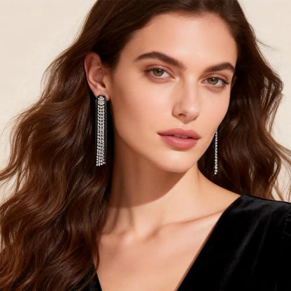 Fringe Dangling Tassel Earrings for Women, Handcrafted Chandelier Long Bohemian Beaded Cubic Zirconia Crystal Imitation Pearls Inlay Statement Boho Chain Hook Earrings for Wedding Party - color: Gold Black Clear Crystal