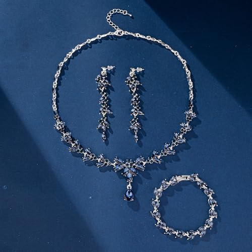 Paxuan Wedding Jewelry Sets for Bride Bridesmaid Bridal Jewelry Set for Women Wedding Crystal Necklace Earrings Bracelet Set for Party Prom Jewelry - color: Sapphire Blue - Silver