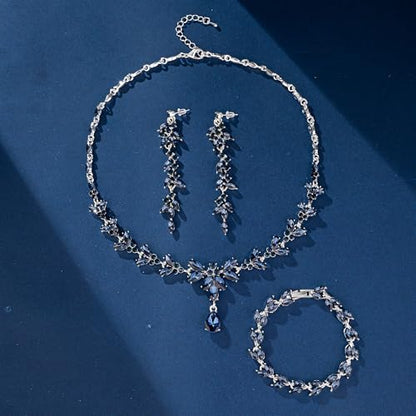 Paxuan Wedding Jewelry Sets for Bride Bridesmaid Bridal Jewelry Set for Women Wedding Crystal Necklace Earrings Bracelet Set for Party Prom Jewelry - color: Sapphire Blue - Silver