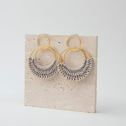 Raffia Hoop Earrings for Women Fun Boho Summer Beach Earrings Lightweight Handmade Straw Wicker Rattan Dangle Earrings Statement Geometric Round Drop Earrings - color: Grey - Round