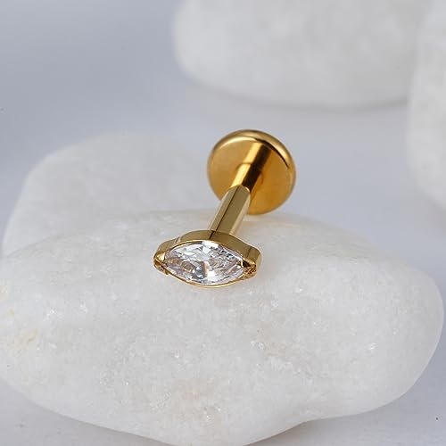 1PC Tragus Conch Helix Flat Labret Piercing Jewelry 16G 6mm 8mm - ASTM F136 Titanium Cartilage Earring Flatback Stud, Implant Grade Internally Threaded Hypoallergenic Body Jewelry (Clear CZ) - color: Clear Marquise CZ - Gold