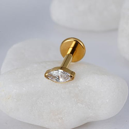1PC Tragus Conch Helix Flat Labret Piercing Jewelry 16G 6mm 8mm - ASTM F136 Titanium Cartilage Earring Flatback Stud, Implant Grade Internally Threaded Hypoallergenic Body Jewelry (Clear CZ) - color: Clear Marquise CZ - Gold
