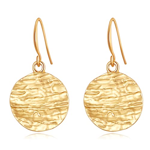 Gold Earrings 14k Gold Plated Hoop Earrings Dainty Pearl hoop Disc Coin Bead Starfish Teardrop Circle Dangle Drop Earrings for Women Hypoallergenic Jewelry Gifts - color: Hammered Disc-Gold