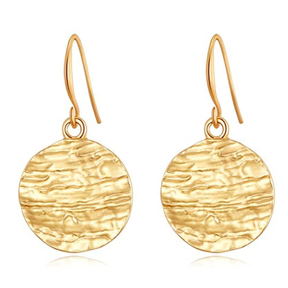 Gold Earrings 14k Gold Plated Hoop Earrings Dainty Pearl hoop Disc Coin Bead Starfish Teardrop Circle Dangle Drop Earrings for Women Hypoallergenic Jewelry Gifts - color: Hammered Disc-Gold