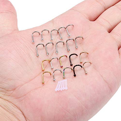 18G(1.0MM) 316L Surgical Steel Curved Nose Stud Ring Twister Screws with 2MM Ball Piercing Jewelry - color: 25PCS - Mix Color 2#