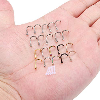 18G(1.0MM) 316L Surgical Steel Curved Nose Stud Ring Twister Screws with 2MM Ball Piercing Jewelry - color: 25PCS - Mix Color 2#