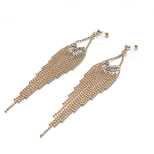 Dangle Silver Invisible Clip On Earrings for Women Not Pierced Gold Crystal Rhinestone Comfortable Hoop Fringe Long Chain Clip On Earrings - color: Fringe Gold 1