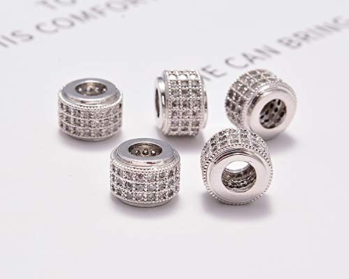 AD Beads Zircon Pave Rhinestones Big Hole Rondelle Spacer Beads 6x7mm 5Pcs Clear on Silver - color: 5 Pcs Clear on Silver 3 Row Rondelle (6x7mm)