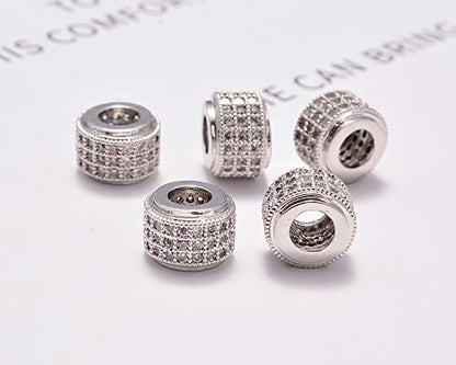 AD Beads Zircon Pave Rhinestones Big Hole Rondelle Spacer Beads 6x7mm 5Pcs Clear on Silver - color: 5 Pcs Clear on Silver 3 Row Rondelle (6x7mm)